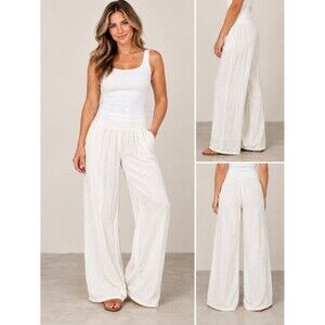 Elan White Palazzo Pants Coastal Boho Resort Wear Size L lagenlook